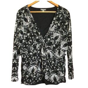 Womens 3X Black Gray Paisley Long-Sleeve Babydoll Top Blouse Twist Front